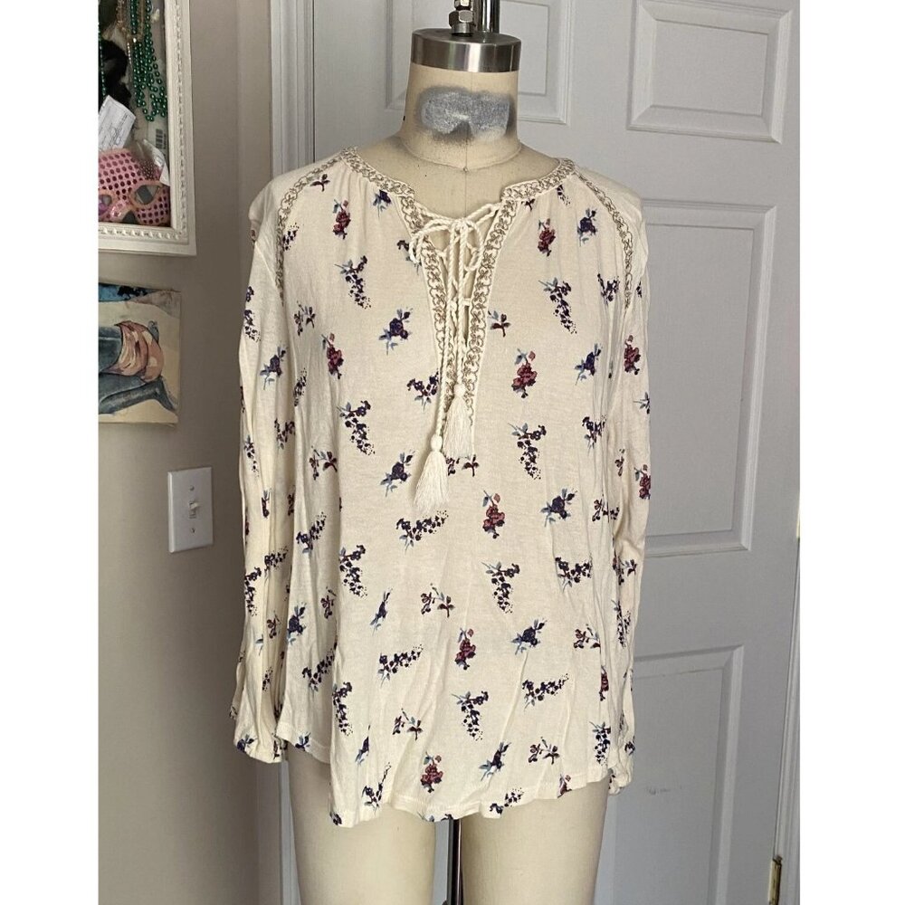 LUCKY BRAND Ivory Floral gauze Cotton Bohemian Hippie Lounge Tunic shirt *SMALL*